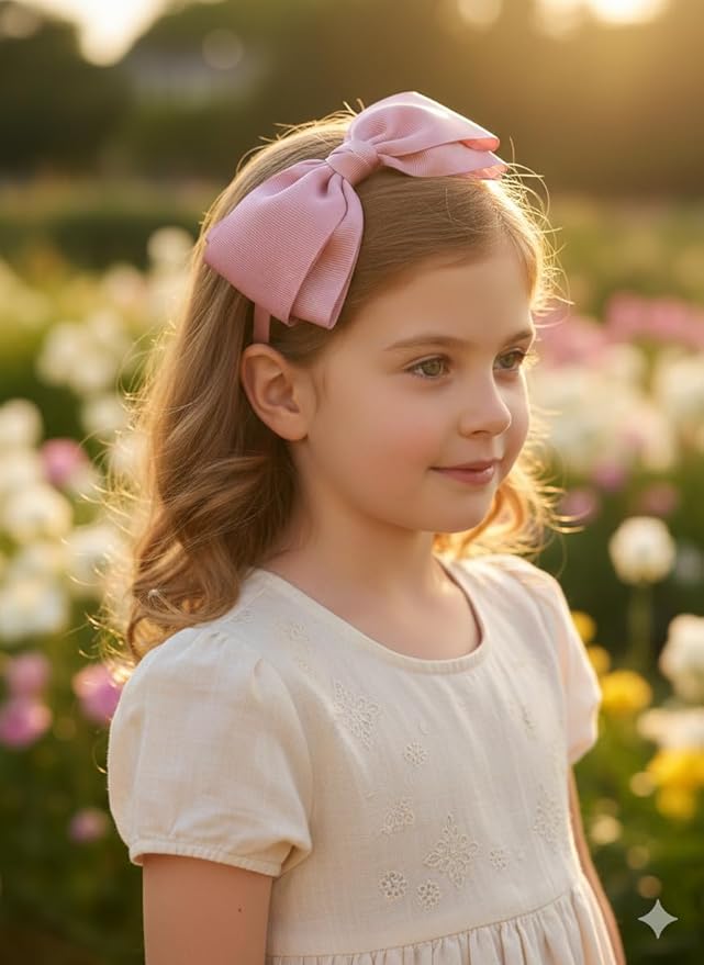 ClassExceed Dusty Pink Bow Headband for Girls 3–12 – Spring Hair Accessory, Solid Color Ribbon Kids Headband for Party & Photos