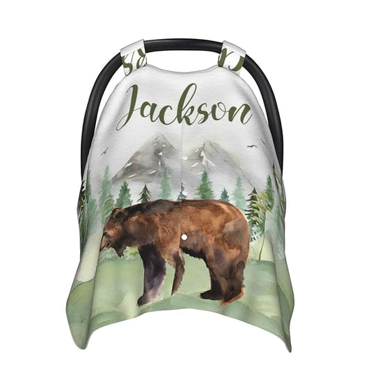 Personalized Baby Car Seat Canopy for Babies, Custom Name Woodland Bear Car Seat Covers for Baby Boys Girls, Opening Minky Nursing Breastfeeding Cover for Infant, Carseat Canopies for Newborn