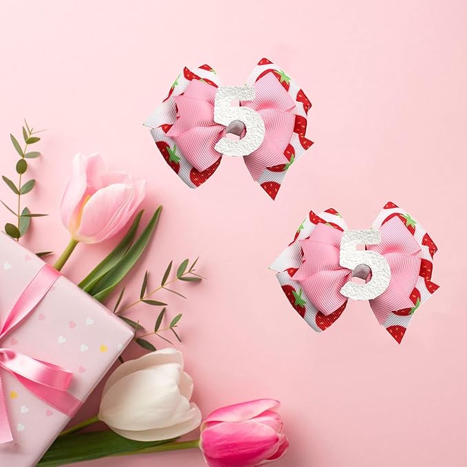 Birthday Hair Bow for Baby Girls - 2Pcs Pink Sprinkle Hair Clips for 5th Birthday Glitter Ice Cream Baby Bow Party Decorations for Girls Toddlers Hair Accessories