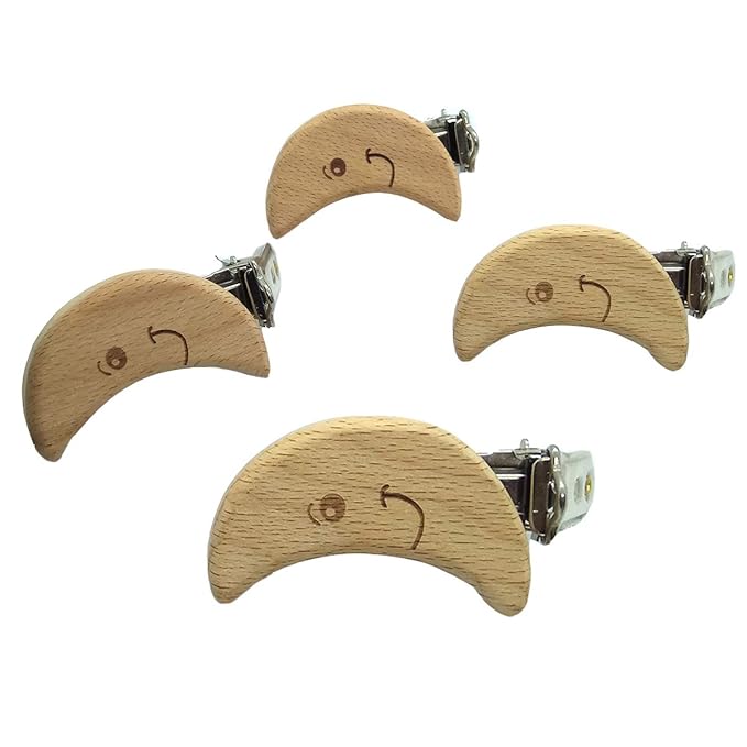 5pcs Natural Beech Wood Animal Pacifier Clips Grasping Toy Suspender Chain Clips Charm Antique DIY Beading Accessory (Moon)