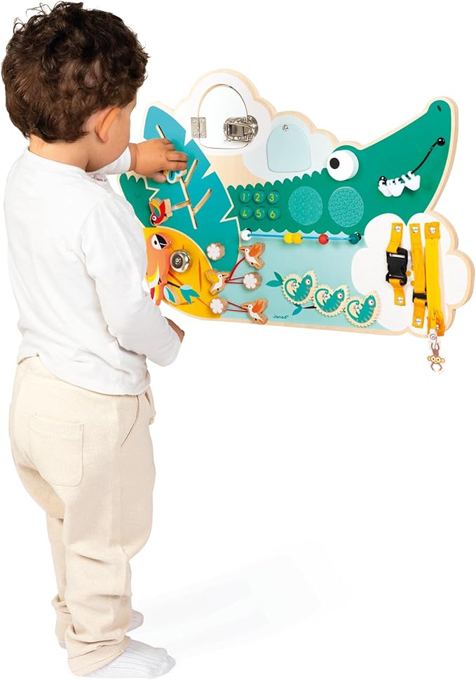 Janod Busy Board Crocodile Theme Jungle Animals - 14 Activities for Boys Girls - Develops Fine Motor Skills - FSCTM - Wooden Toy - from 18 Months - J08280