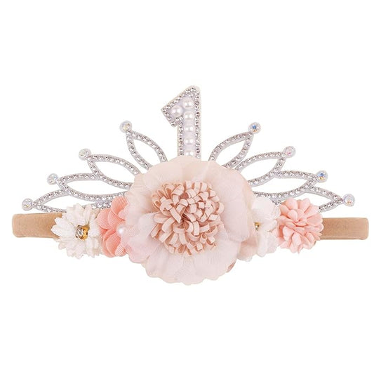 cherrboll Flower Headband Birthday Crown for Girl, Floral Nylon Hairband for 1-3 Years Old Toddler, First 1st Birthday Party Dress Photo Decoration Hair Accessory