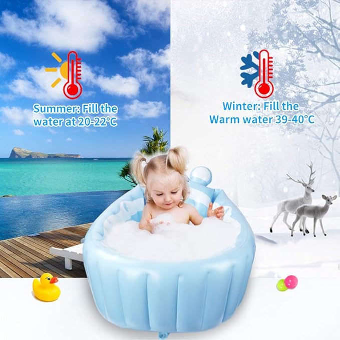| Inflatable Baby Bathtub,Newborn Bathtub Seat for Infant,Non-Slip Baby Pool for Sitting up,Foldable Toddler Tub Shower,Portable Travel Bath for Kids 0-6 Year (Blue, Animal Print)