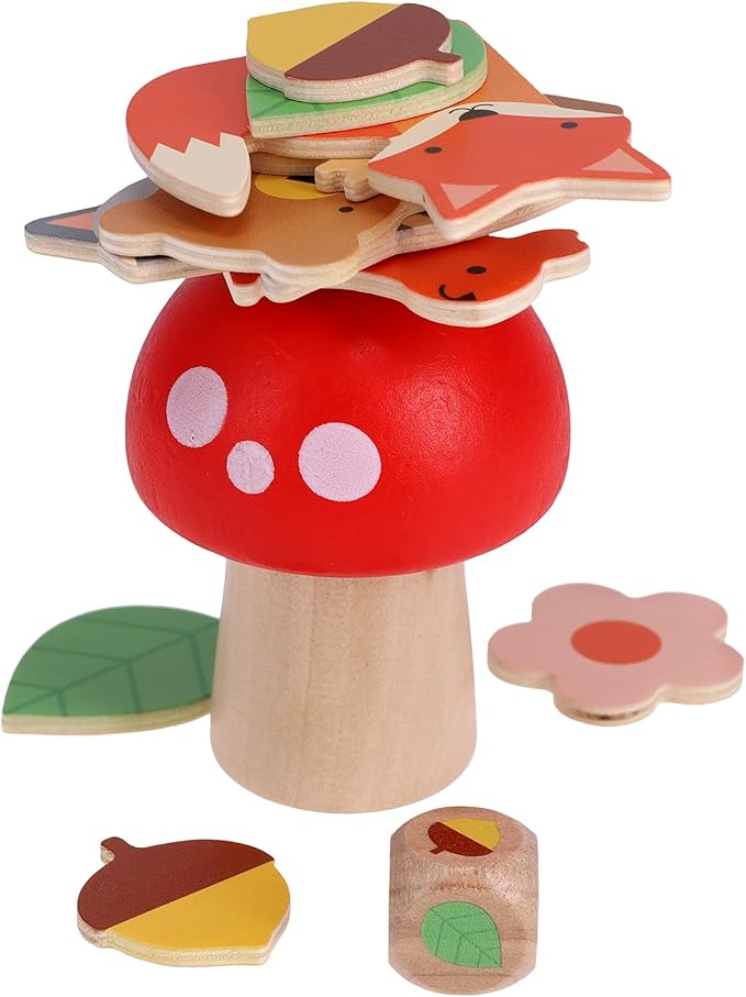 Petit Collage: Woodland Wobble | Wooden Stacking Game for Kids | Roll The Die and Stack The Objects on The Mushroom | Don't let The Tower Fall!| Great for Ages 4+
