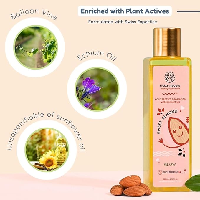 Little Rituals SWEET ALMOND (BADAM OIL) Baby Massage Oil and Hair oil, Cold Pressed and Certified ORGANIC with SWISS Plant Actives. Dermatologist Tested by Pediatrics, Mild & Gentle & Safe (200 ML)