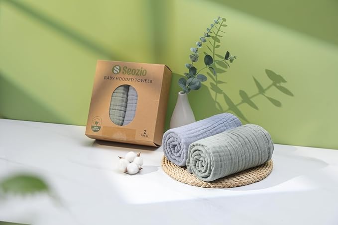 Hooded Baby Bath Towels for Newborn, 2 Pack 100% Cotton 32x32Inch Baby Bath Towel with Hood for Babies, Infant, Toddler and Kids, Soft and Absorbent Newborn Essential (Green and Grey)