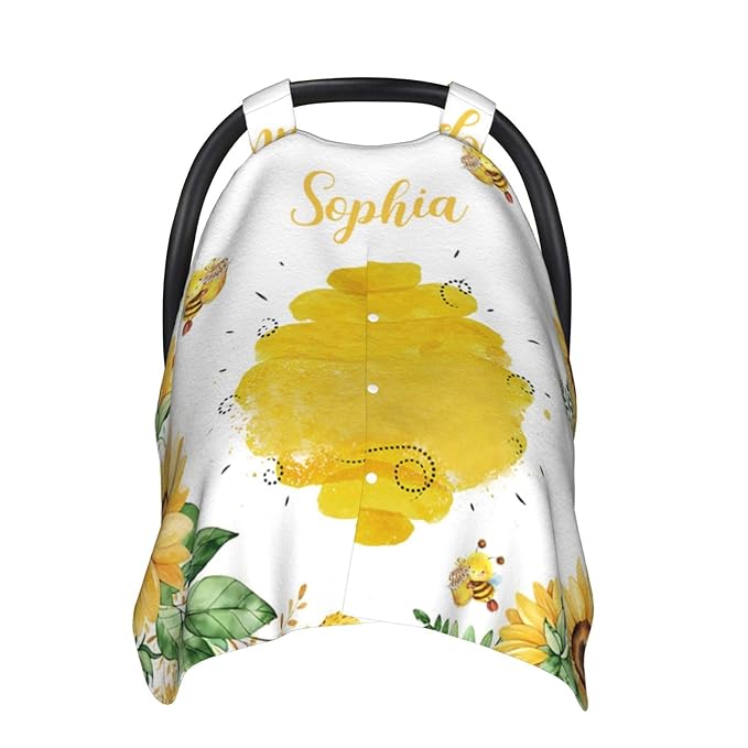Personalized Baby Car Seat Canopy, Custom Name, Sunflower Bee, Water Resistant, Universal Fit, Polyester, Car Seat Canopy Cover