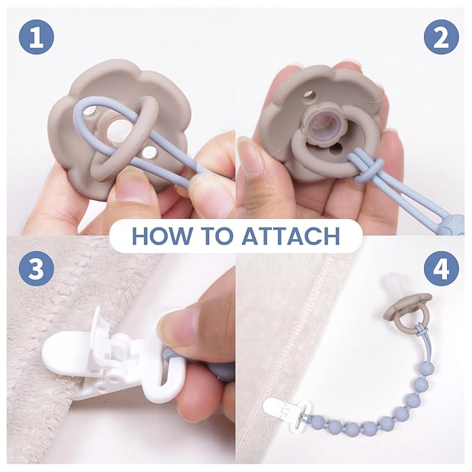 4 Pcs Gray Baby Silicone Teething Pacifier Clip,One-piece Design,Round Shape,Textured Surface,BPA Free.