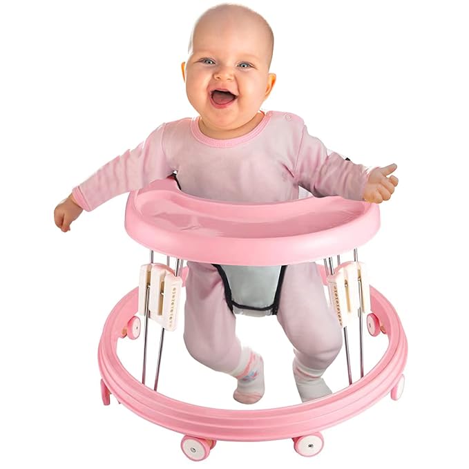 Adjustable Baby Walkers for Baby with Easy Clean Tray, Universal Wheeled Walker, Anti-Rollover Folding Walker for Girls Boys 6-18Months Toddler (Pink)