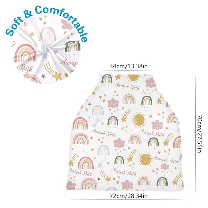 Personalized Baby Car Seat Cover for Girls, Custom Nursing Covers with Name, Colorful Rainbow, Universal Fit, Cotton, Linen, Water Resistant