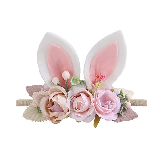 KIDOCHEESE Baby Girl Floral Easter Bunny Ears Headband Rabbit Ears Nylon Hairband for Newborn Infant Toddler Easter Hair Accessories Gift