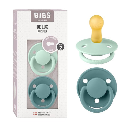BIBS De Lux Baby Pacifier 2-Pack | Made in Denmark | BPA Free Dummy Soother, Round Nipple. Natural Rubber Latex, Size 2 (6-18 Months), Nordic Mint/Island Sea