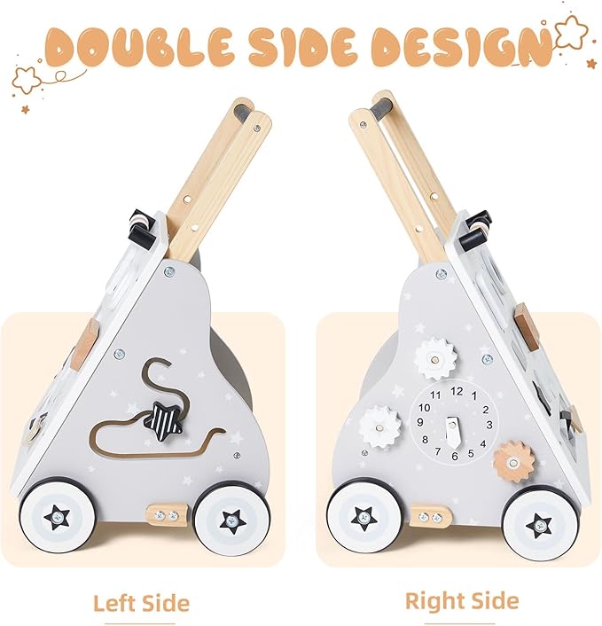 Wooden Baby Walker, Baby Push Walker with Wheel, Push and Pull Toys Learning to Walk, Montessori Walker Toy for Kids Development, Adjustable Speed and Height