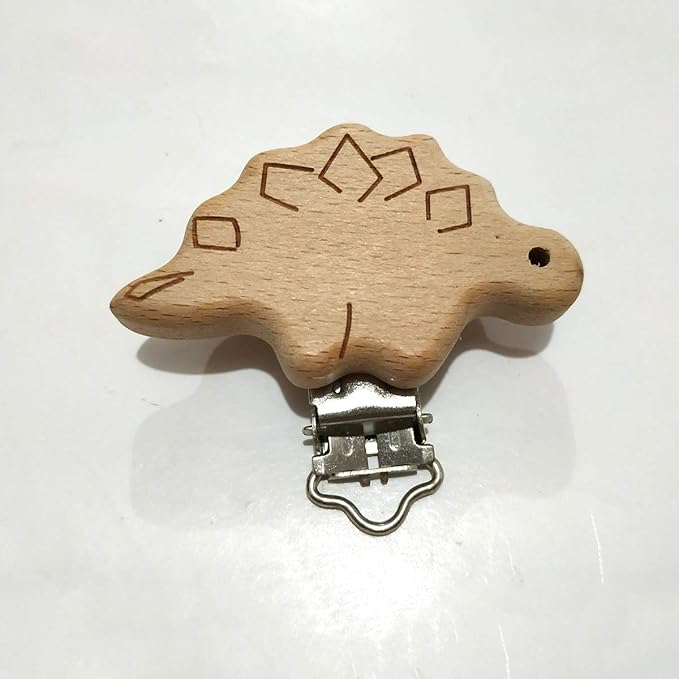 5pcs Natural Beech Wood Animal Pacifier Clips Grasping Toy Suspender Chain Clips Charm Antique DIY Beading Accessory (Stegosaurus)