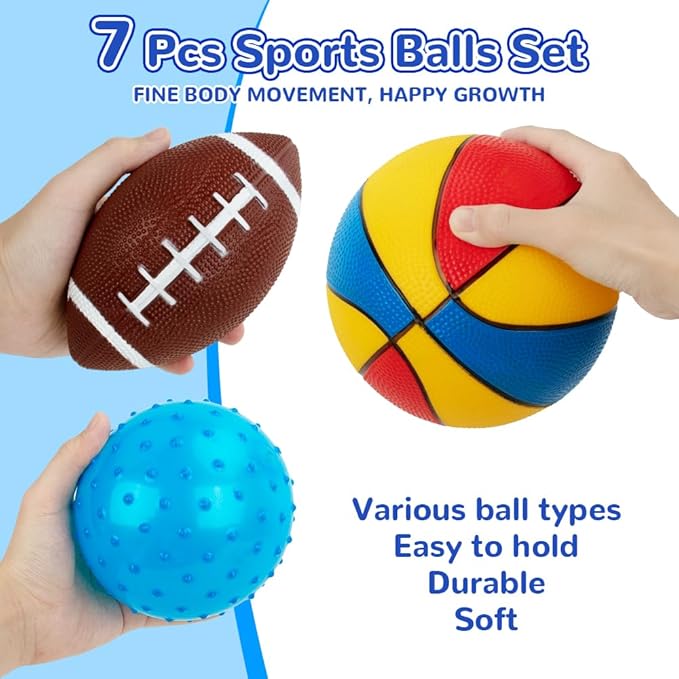 Balls for Toddlers 1-3,Toddler Sports Toys,Set of 7 Kids Ball Soft Foam Baby Sports Balls- Soccer Ball Basketball Baseball Rugby Bounce Ball Playground Indoor Outdoor Toys Gifts,with Free Bump/Bag