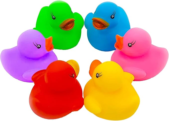 Classic Rubber Duck Toy Duckies for Kids, Six Solid Colors, Bath Birthday Gifts Baby Showers Classroom Summer Beach and Pool Activity, 2" (12-Pack)