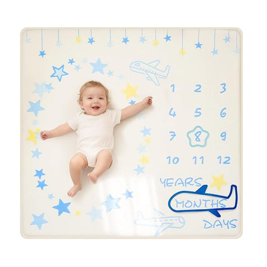 1.3" Thick Playmat for Floor, 50 x50 Monthly Milestone Mat, Padded Support Soft Plush Nursery Mat for Crawling Kick Activity, Flannel Photography Background Prop for Boys Grils
