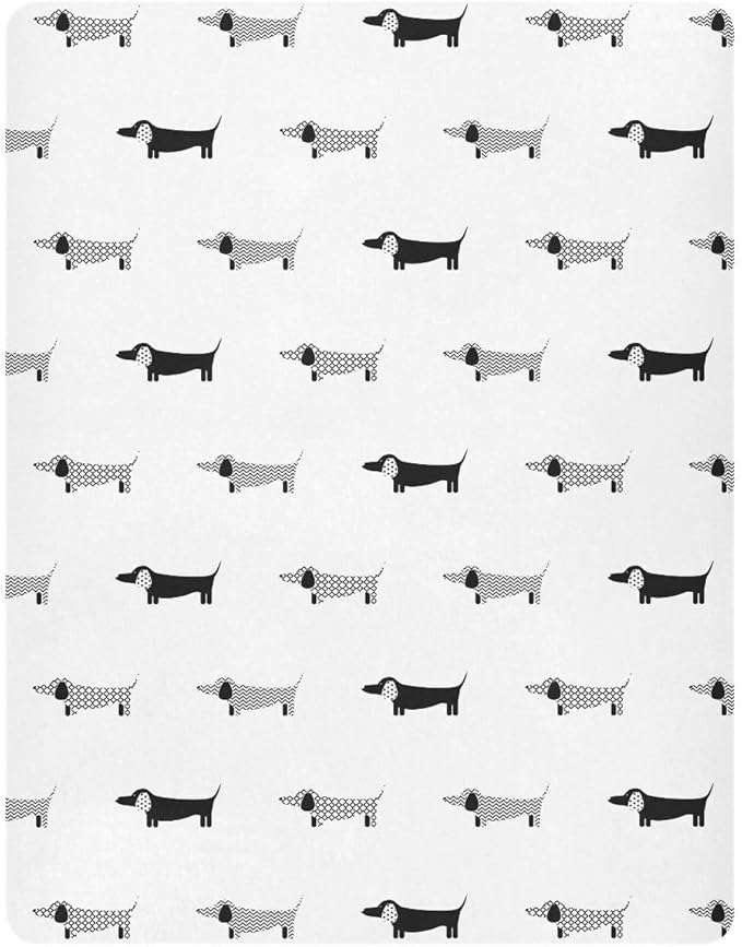 Fitted Crib Sheets Dachshund Black and White Dogs Stretchy Portable Playard Sheets for Baby Toddler, Breathable Soft Mini Crib Mattress 39 x 27 in for Boys and Girls