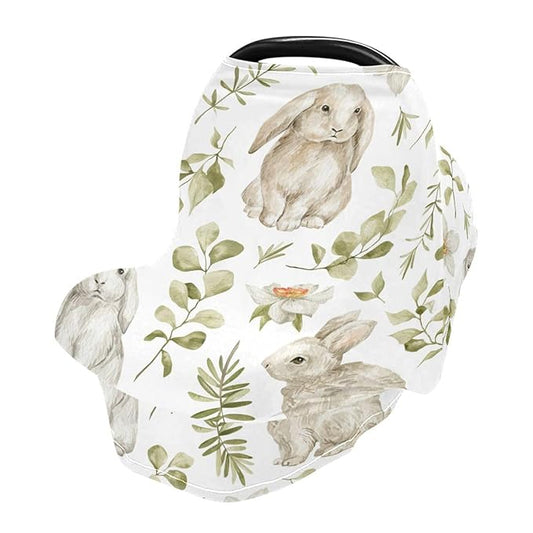 Moudou Cute Rabbit Baby Car Seat Cover, Soft Stretchy Infant Carseat Canopy Cover Newborn Nursing Breastfeeding Cover for Stroller, High Chair, Shopping Cart