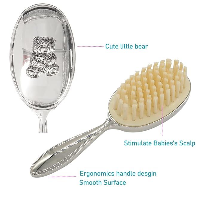 Silver Plated Keepsake Cute Bear Baby Hair Brush for Toddler Girl or Boy with Curly and Thick Hair, for Wet or Dry Newborn Infant Hair, Soft Bristle That Won't Shed, Gift Box Package for Gift Giving