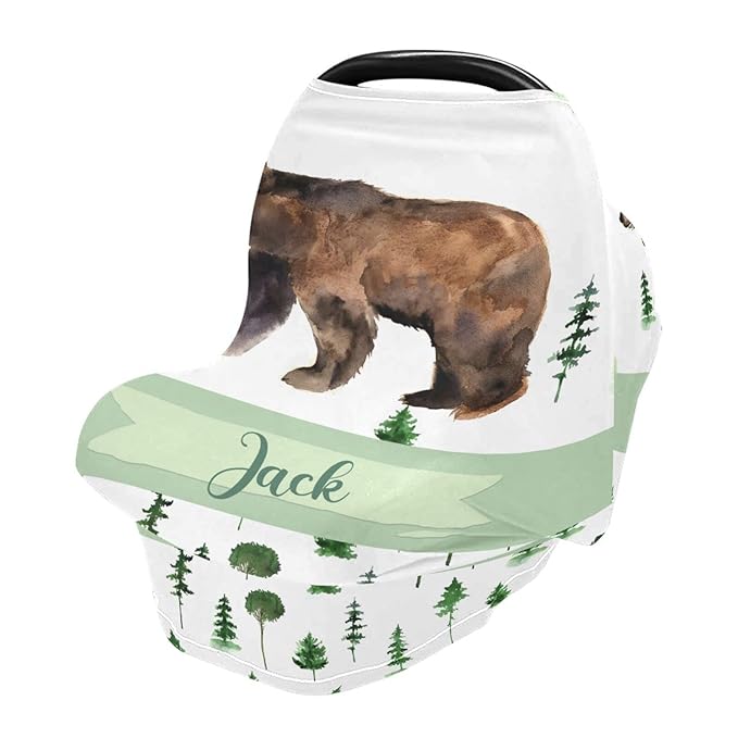 Personalized Baby Car Seat Cover for Boys Girls, Custom Nursing Covers for Breastfeeding with Name, Infant Stroller Cover, Baby Carseat Canopy for Newborn, Multiuse Car Seat Canopies, Woodland Bear