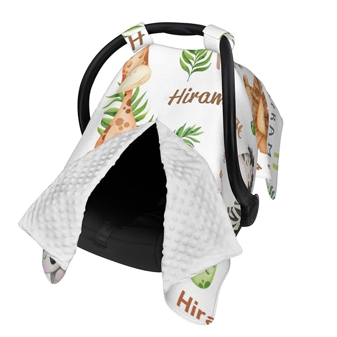 Personalized Name Car Seat Cover for Babies, Customized Peekaboo Opening Carseat Canopy for Baby, Multiuse Nursing Cover Breastfeeding Scarf Stroller Canopies, Gift for Newborn Infant, Cute Animal