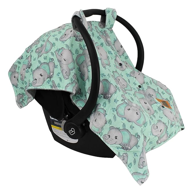 Dear Baby Gear Car Seat Cover for Boys & Girls - Baby Carseat Canopy w/Snap Opening - Infant Seat Cover - Nursing Covers - Newborn Carrier Canopy - 40x30 (Gray Elephants on Mint Foliage - Gray)
