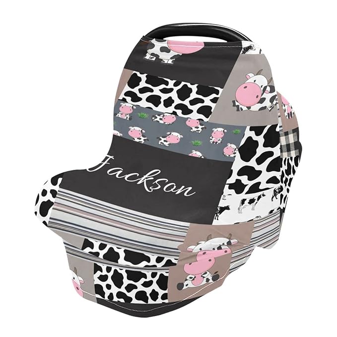 Personalized Baby Car Seat Cover for Boys Girls, Custom Nursing Covers for Breastfeeding with Name, Infant Stroller Cover, Baby Carseat Canopy for Newborn, Multiuse Car Seat Canopies, Cute Cow Plaid