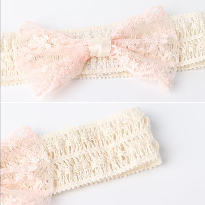 Baby Girls Bow Lace Headband Cute Soft Hairband White Butterfly Knot Headbands for Newborn Infants Toddlers Kids Christening Baptism Birthday Party Hair Accessories（Fan flower bow）