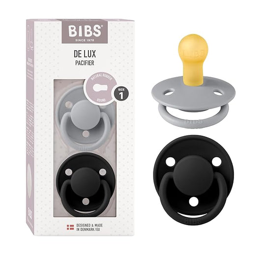 BIBS Pacifiers - De Lux Collection | BPA-Free Baby Pacifier | Made in Denmark | Set of 2 Cloud/Black Color Premium Soothers | Size 0-6 Months