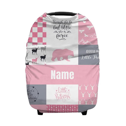 Personalized Woodland Deer and Bear Pink Baby Car Seat Covers with Name, Custom Nursing Cover Breastfeeding for Babies, Carseat Canopy for Girls, Infant Stroller Cover, Breathable Carseat Cover