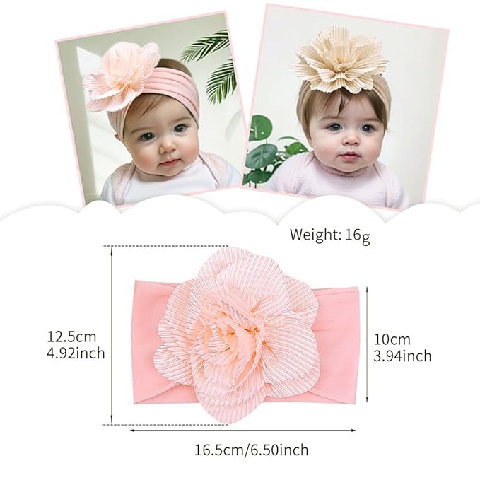 Large Flower Elastic headband for Baby Girl Infant Soft Fabric Chiffon Floral Hairband Toddler Newborn Christening Baptism Hair Accessories (Flower 1 - khaki, Elastic)