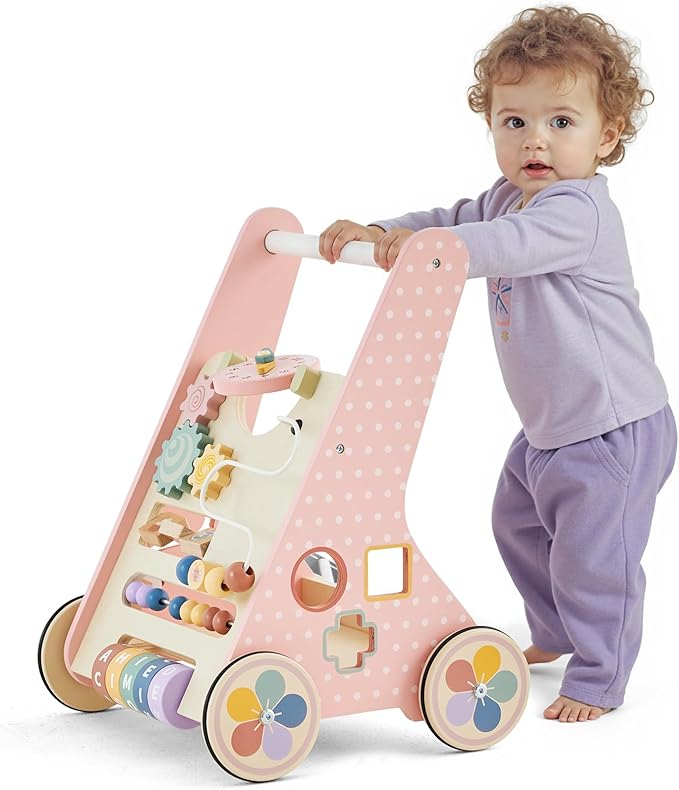 Pink Baby Push Walker for Girls 10+ Months, Wooden Baby Walker Push Toy with Storage, Learning to Walk, Montessori Walker Toy with Wheels, Toddler Activity Center for 12-18 Months