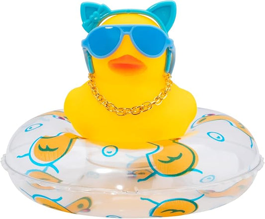 wonuu Car Duck Rubber Duck Car Ornaments Duck Car Dashboard Decorations with Cute Headband Swim Ring Necklace Sunglasses, B-Blue A Bunny Headband-Transparent