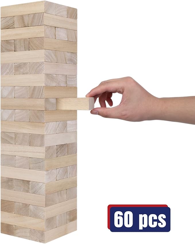 GOTHINK Giant Tumble Tower Game, Large Tumbling Tower Stacking to Over 3.2 FT 60pcs Wooden Jumbo Blocks for Outside Yard Games w/Carry Case Timber Stacking Game Night Toy Gift for Kids Adults Family