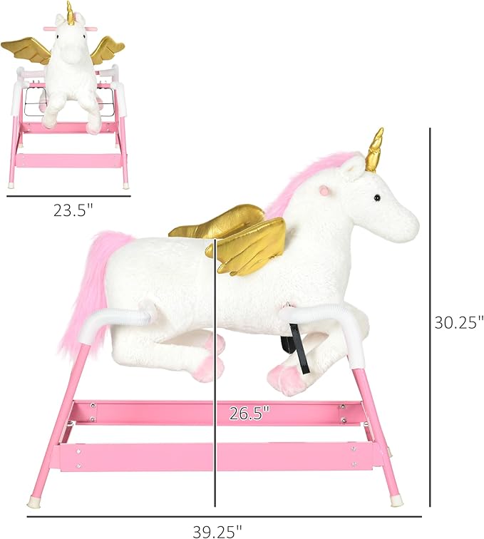 Qaba Kids Spring Rocking Horse Unicon, Ride on Horse for Girls and Boys with Animal Sounds, Plush Animal Ride-on Toy with Soft Feel, Interactive Toy for Kids, Pink