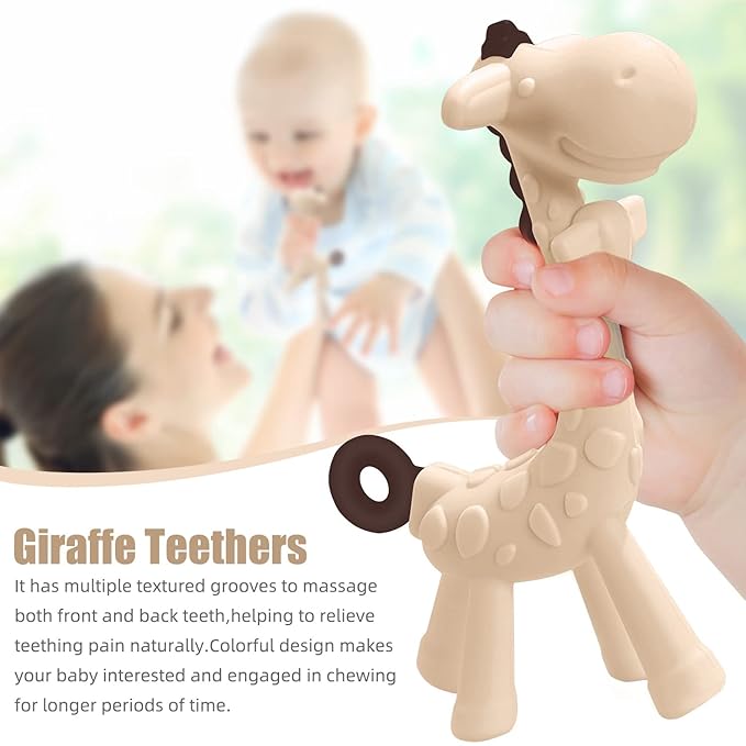 SHARE&CARE Mother's Day, Mom Gifts Silicone Giraffe Baby Teether Toy with Storage Case, for 3 Months Above Infant Sore Gums Pain Relief, Baby Teething Toys, Women Gift for Mom, Wife, Her (Cream)