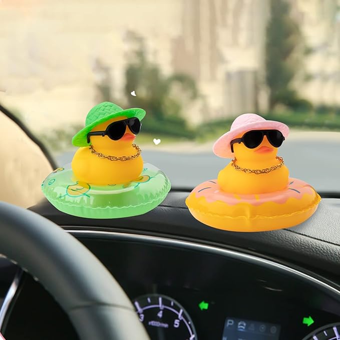 wonuu Car Rubber Duck, Yellow Duck Decoration Dashboard with Sun Hat Swim Ring Necklace Sunglasses for Car Dashboard Decorations