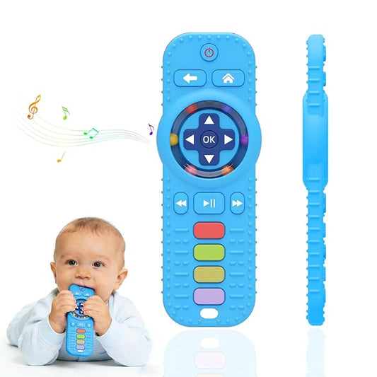 HAILI XMGQ Teething Toys for Baby, Sensory Baby Chew Toy, Rattle Ring Teether Toys for Babies 0-3-6-12 Months, Silicone TV Remote Control Shape for New Baby Gift (Blue)