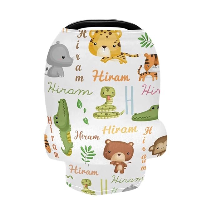 Personalized Cute Animal Baby Car Seat Cover for Boys Girls, Customized Baby Carseat Canopy with Name, Multi-Use Breathable Nursing Cover Breastfeeding Scarf