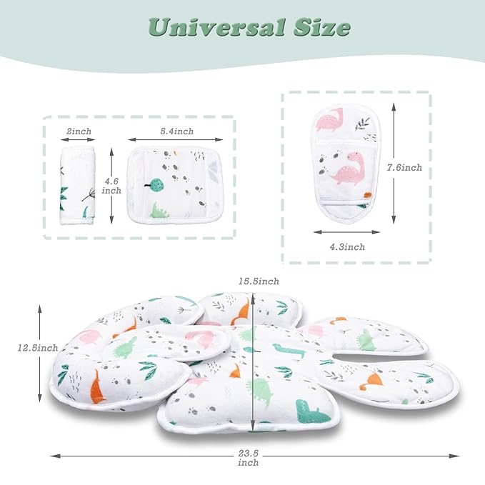 Infant Car Seat Insert, Soft Baby Car Seat Head Neck Pillow, Reversible Newborn Carseat Insert with Strap Covers, Universal Seat Pad for Carseats, Stroller, Swings, Bouncer, Dinosaurs