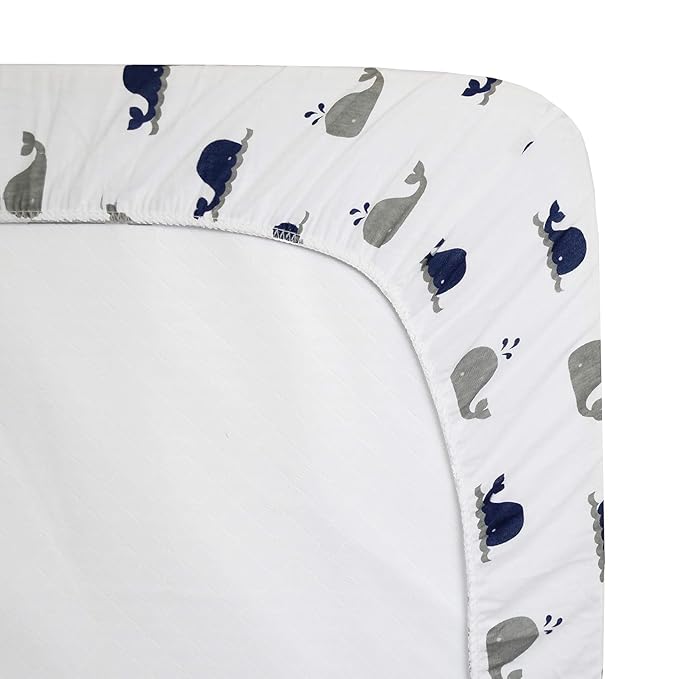American Baby Company 100% Natural Cotton Fitted Pack and Play Sheet 39" x 27" - Soft & Breathable Pack N Play Sheet for Playpen, Playard & Mini Crib Mattress, Navy Whale, for Boys & Girls