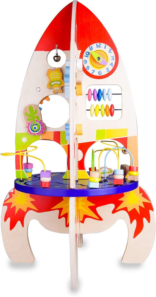 Classic World Wood Multi Activity Rocket Educational Toy for Toddlers with Bead Coaster Gear Game and Baby-Safe Mirror Eco-Friendly Wooden Activity Set Ideal for Ages 18 Months and Up