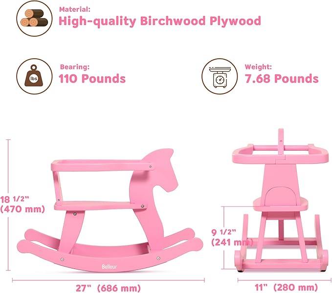 Belleur Rocking Horse for Kids 1-3 Years Old, Wooden Rocking Toy for Toddlers with Removable Fence for Indoor & Outdoor Activities, Baby Horse Riding Toy for Birthday & Visit Gifts