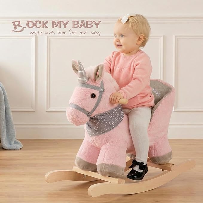 Baby Animal Rocker, Rocking Horse with Seat, Ride on Horse, Plush Rocking Horse with Unicorn Music, Wooden Rocking Horse for Toddlers 1-3, (Pink Unicorn), CPC Certified