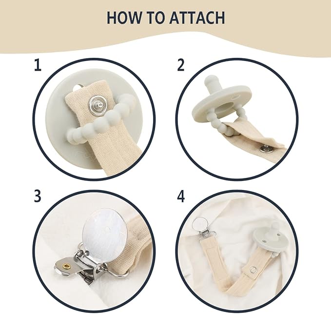 Baby Pacifier Clip Leash Holder Unisex for 4 Pack Gift Set with Neutral Solid Colors ;Soft Linen Pacifier Clips ; Fabric Pacifier Strap with Clip Keeps Pacifiers & Teethers in Place