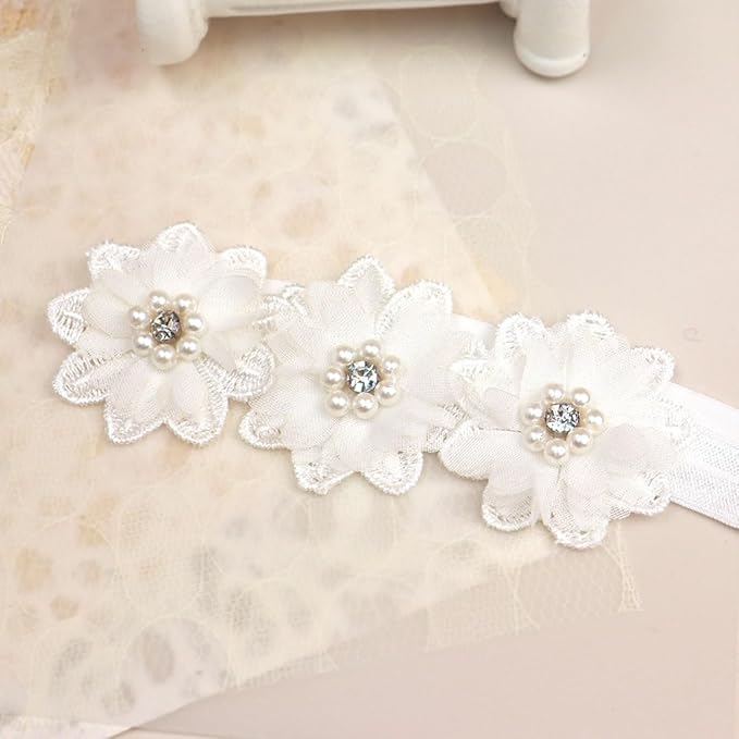 Bethynas White Flower Lace Elastic Headband for Baby Girls Floral Baptism Christening Toddler Hairband Infant Flower Pearl Birthday Party Hair Accessory for Newborn Girl (White)