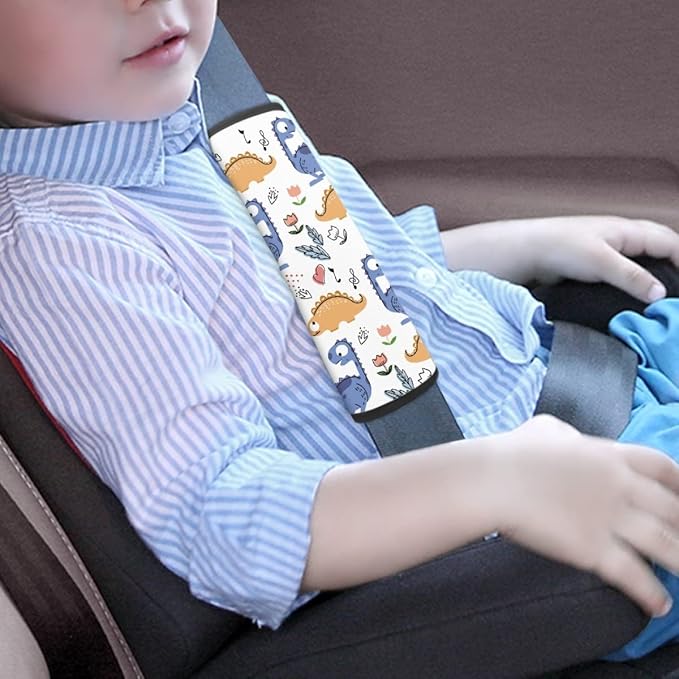 ENLACHIC Baby Car Seat Belt Cover, Cute Dinosaur Print Car Seat Shoulder Strap Pads, Infant Car Seat Cushion Safety Seatbelt Protector for Kids Boys Girls,Blue Yellow Dinosaurs