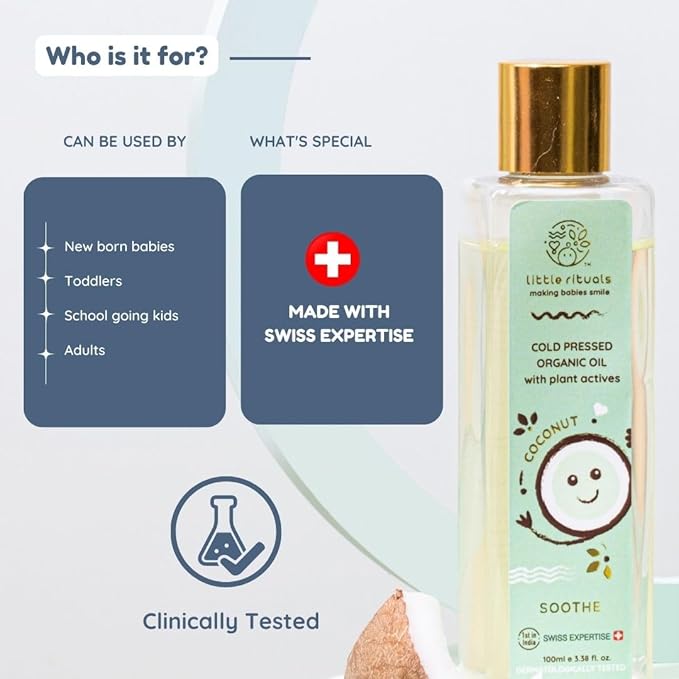 Little Rituals COCONUT BABY MASSAGE OIL Certified Organic, Wood Cold-Pressed for Skin and Hair with SWISS Plant Actives. Dermatologist Tested by Pediatrics, Mild & Gentle & Safe (100 ML)
