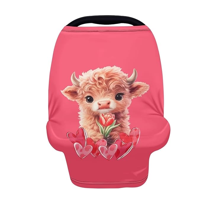 Wanyint Car Seat Covers Baby Car Canopy Shopping Cart Scarf Lightweight Stroller Cover Women Mother Nursing Breastfeeding Covers for Valentine's Day, Highland Cow Heart Tulip